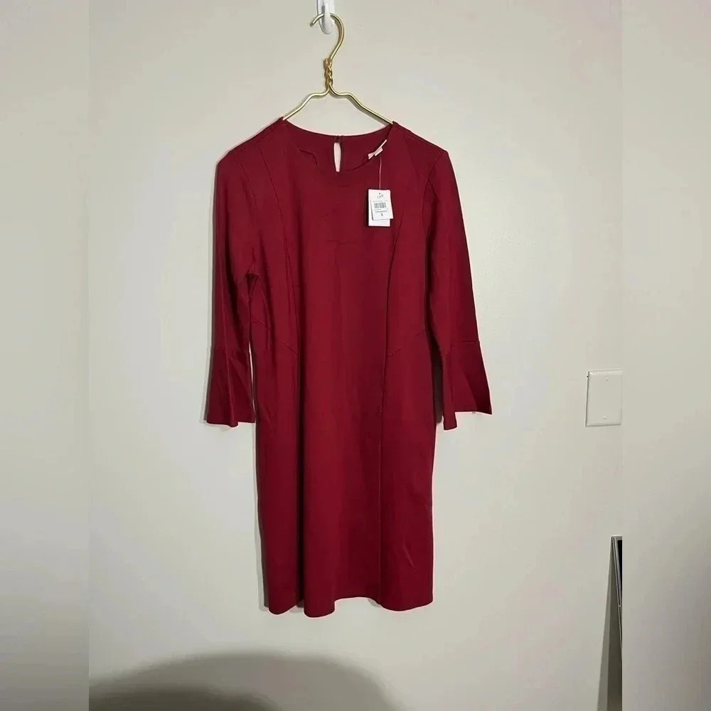 J. Jill Cranberry Red Ponte Knit Bell Sleeve Shift Dress Small 167171 NEW
